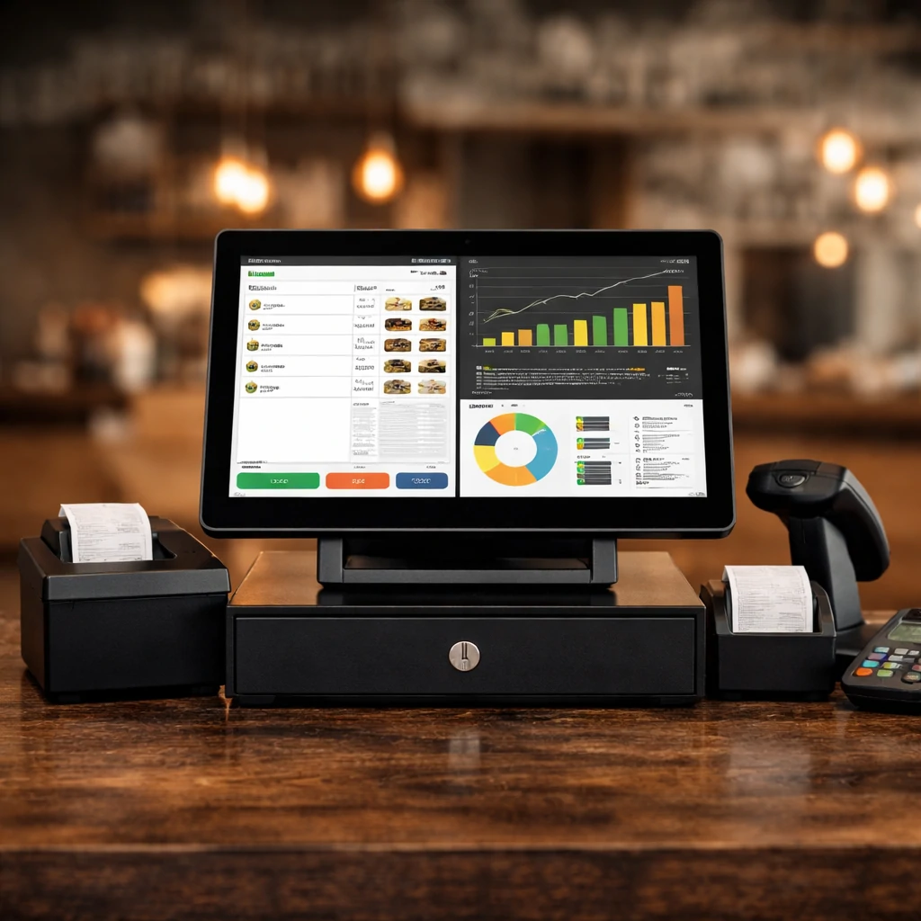 Caisse enregistreuse tactile moderne avec logiciel de caisse en ligne utilisée dans un commerce à Casablanca pour gérer les ventes, les tickets et les statistiques