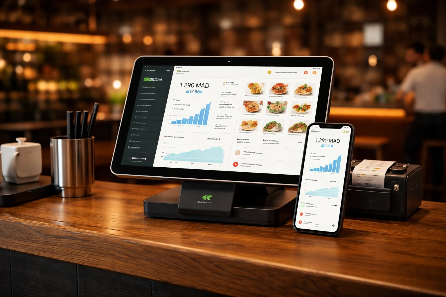 Caisse enregistreuse POS Mobile utilisée sur tablette et smartphone pour gérer les ventes et statistiques d’un commerce à Casablanca